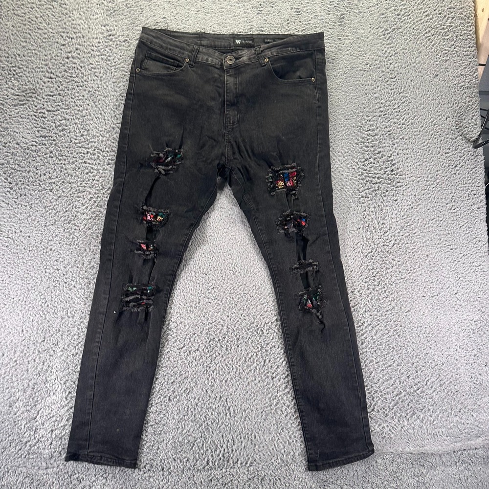 Waimea Jeans Men 36x32 Black Cotton Denim Skinny Leg Distressed Workwear Stretch